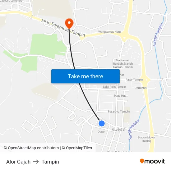 Alor Gajah to Tampin map