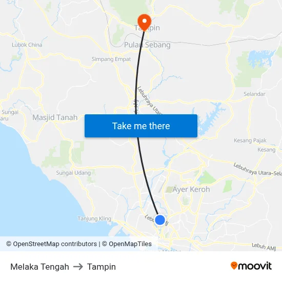 Melaka Tengah to Tampin map