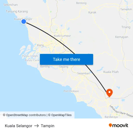 Kuala Selangor to Tampin map