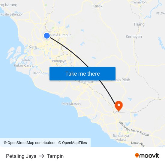 Petaling Jaya to Tampin map