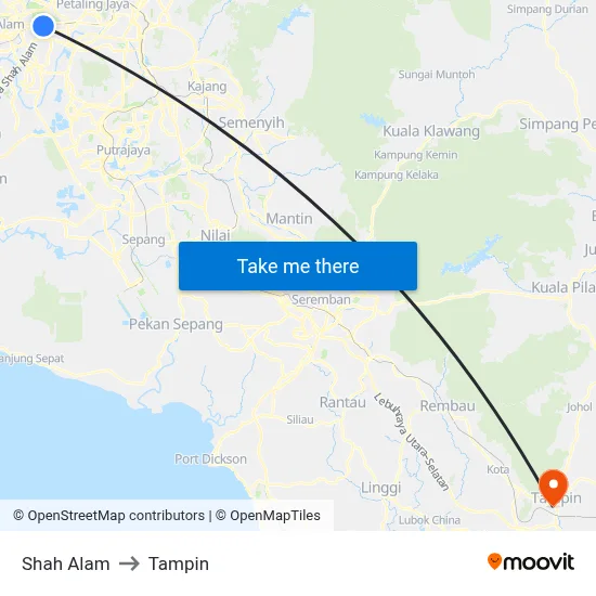 Shah Alam to Tampin map