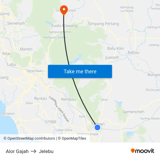 Alor Gajah to Jelebu map