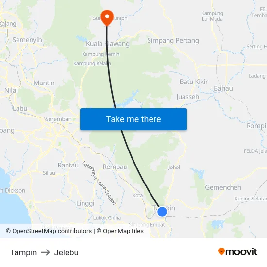 Tampin to Jelebu map