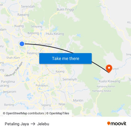 Petaling Jaya to Jelebu map