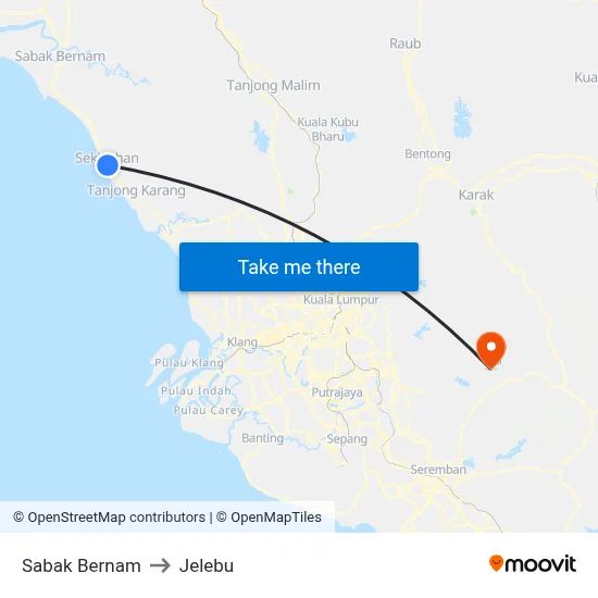 Sabak Bernam to Jelebu map