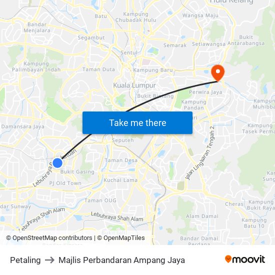 Petaling to Majlis Perbandaran Ampang Jaya map