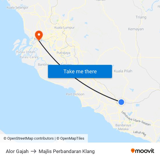 Alor Gajah to Majlis Perbandaran Klang map