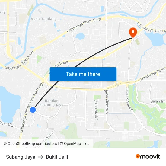 Subang Jaya to Bukit Jalil map