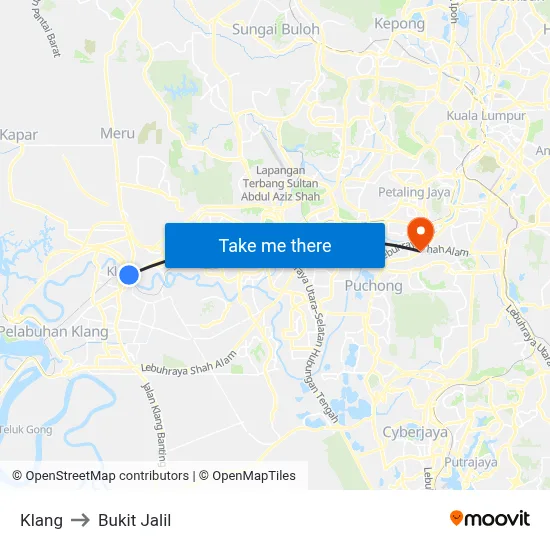 Klang to Bukit Jalil map