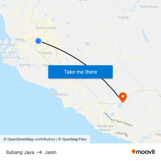 Subang Jaya to Jasin map