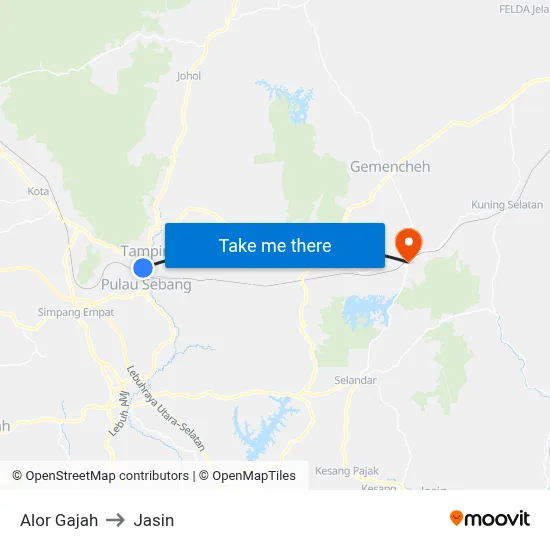 Alor Gajah to Jasin map