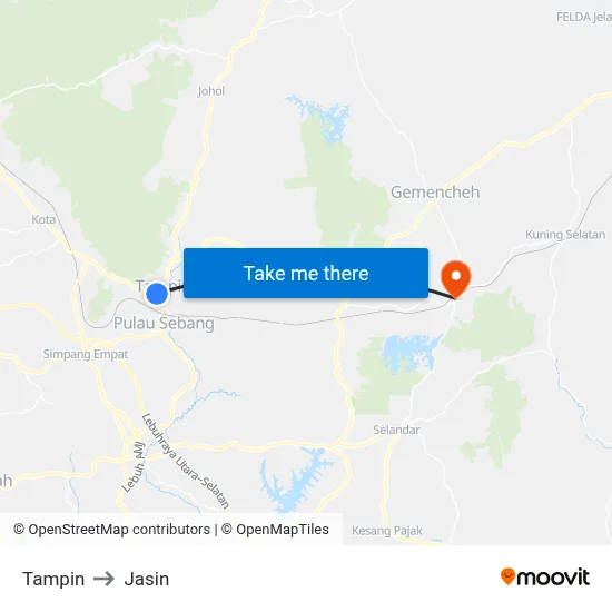 Tampin to Jasin map