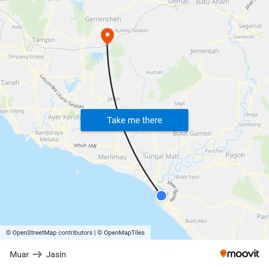 Muar to Jasin map