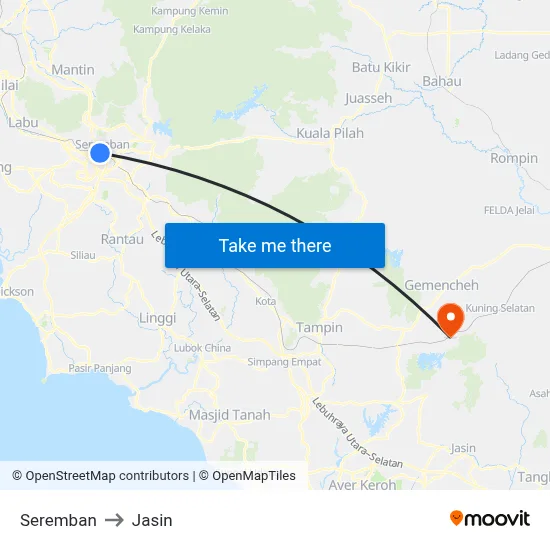 Seremban to Jasin map