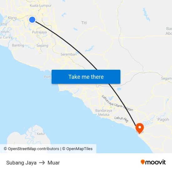 Subang Jaya to Muar map