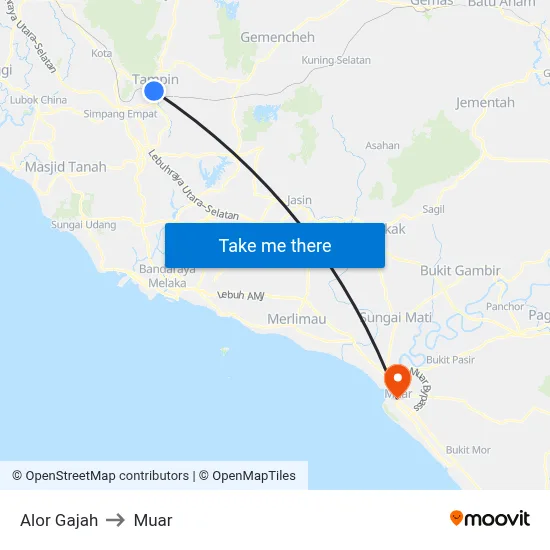 Alor Gajah to Muar map