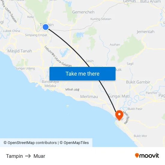 Tampin to Muar map