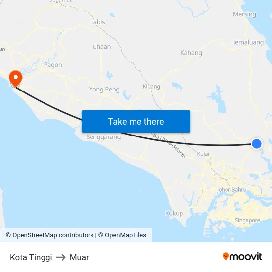 Kota Tinggi to Muar map