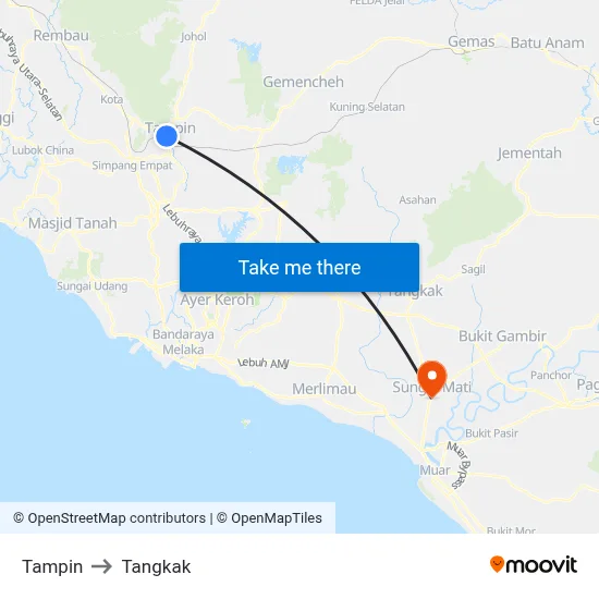 Tampin to Tangkak map