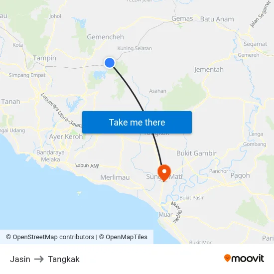 Jasin to Tangkak map