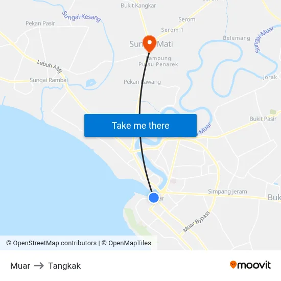 Muar to Tangkak map