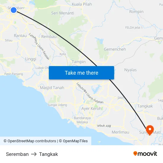 Seremban to Tangkak map