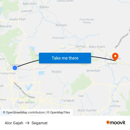 Alor Gajah to Segamat map