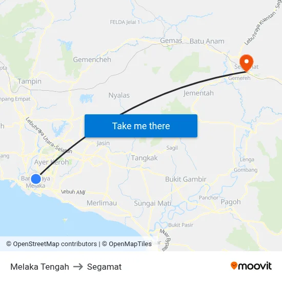 Melaka Tengah to Segamat map