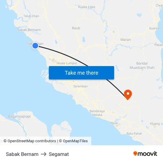 Sabak Bernam to Segamat map
