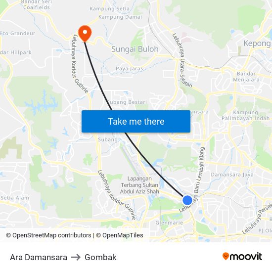 Ara Damansara to Gombak map
