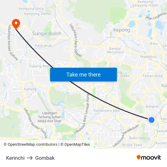 Kerinchi to Gombak map