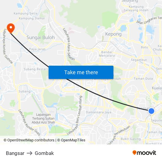 Bangsar to Gombak map