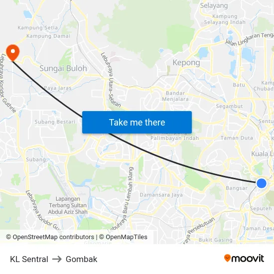 KL Sentral to Gombak map