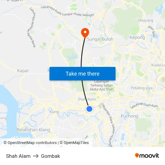 Shah Alam to Gombak map