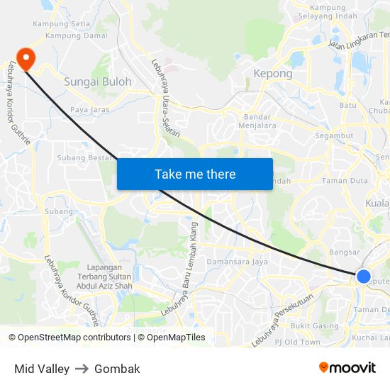 Mid Valley to Gombak map