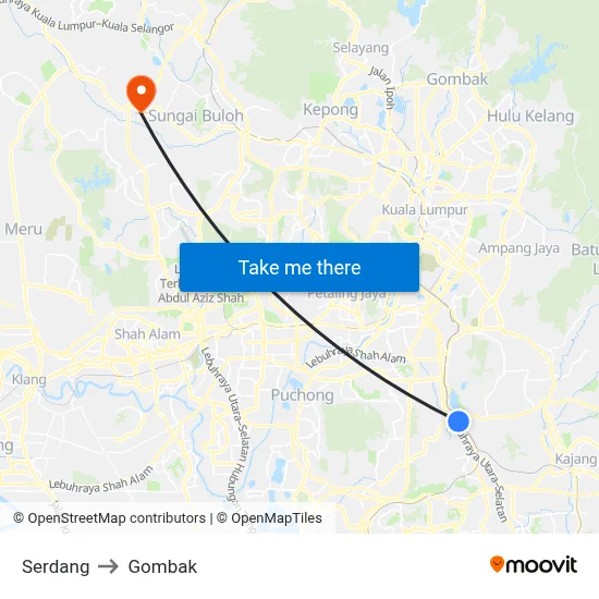 Serdang to Gombak map