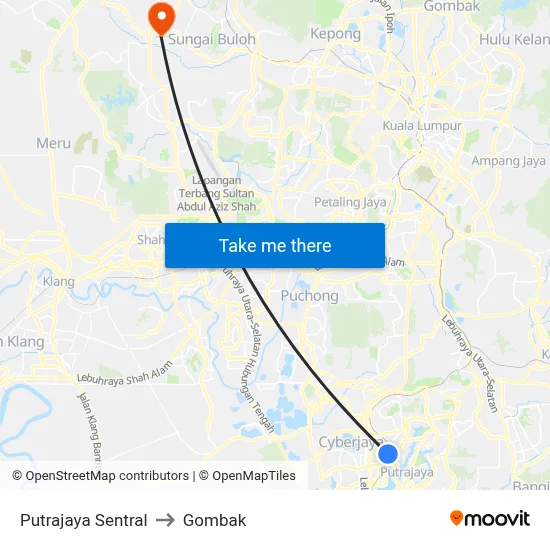 Putrajaya Sentral to Gombak map