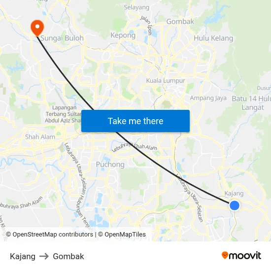 Kajang to Gombak map