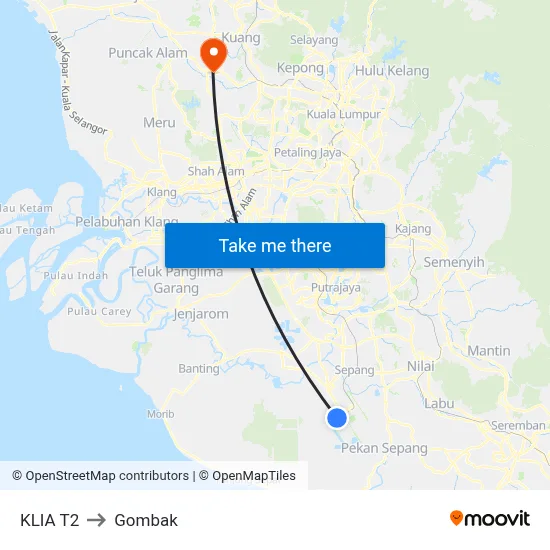 KLIA T2 to Gombak map