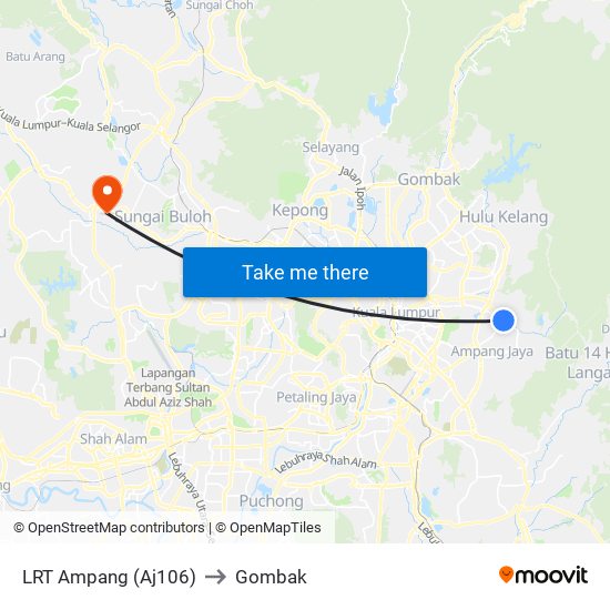 LRT Ampang (Aj106) to Gombak map