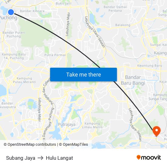 Subang Jaya to Hulu Langat map