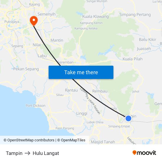 Tampin to Hulu Langat map