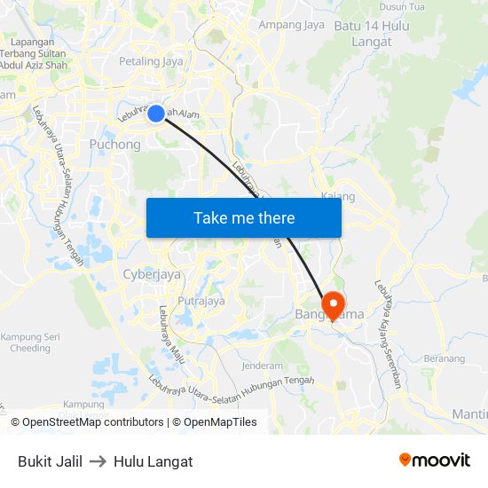 Bukit Jalil to Hulu Langat map
