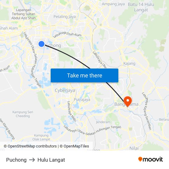 Puchong to Hulu Langat map