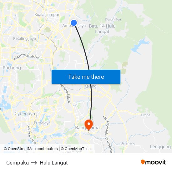 Cempaka to Hulu Langat map
