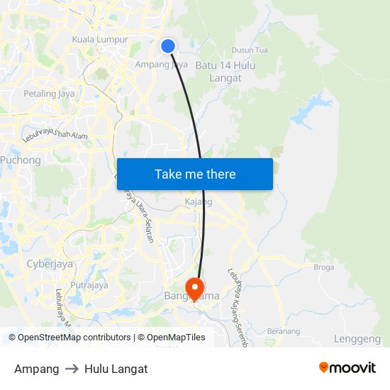 Ampang to Hulu Langat map