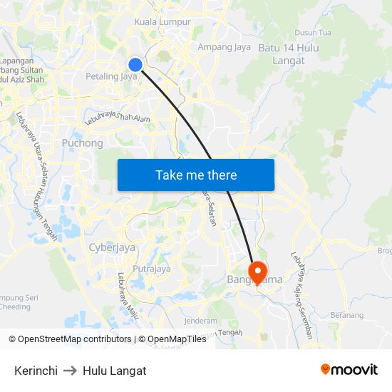 Kerinchi to Hulu Langat map