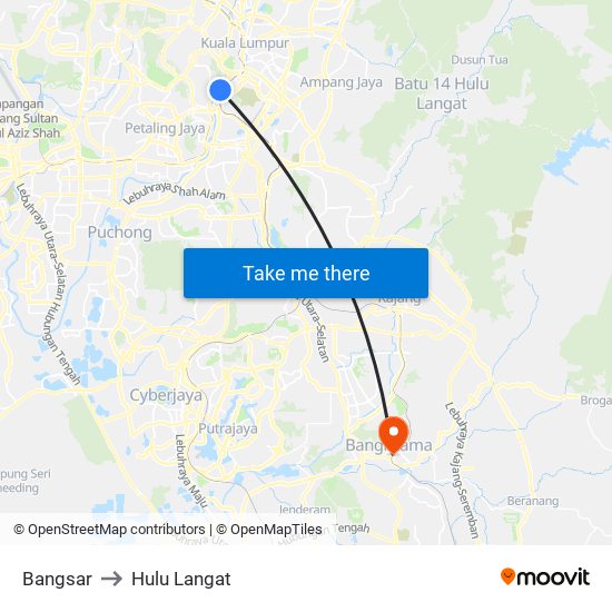 Bangsar to Hulu Langat map