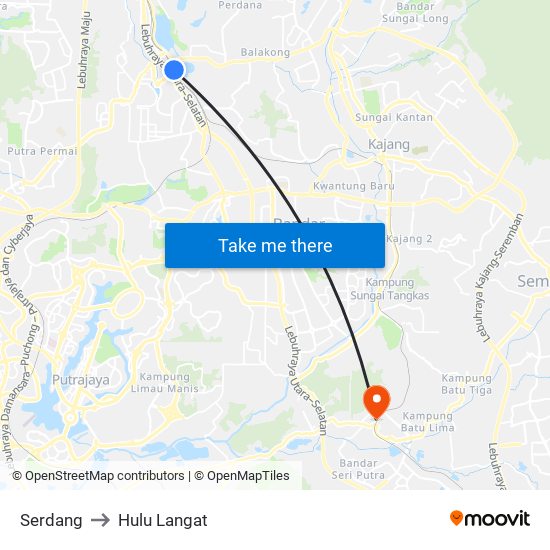 Serdang to Hulu Langat map