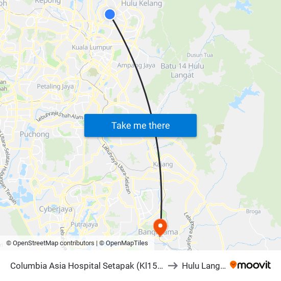 Columbia Asia Hospital Setapak (Kl1598) to Hulu Langat map